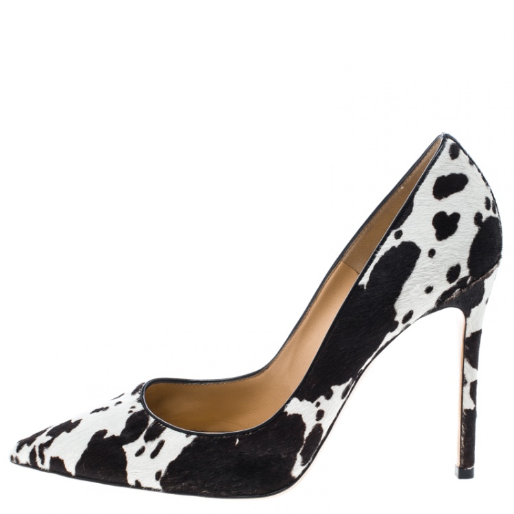 Pre Owned Gianvito Rossi Black/White Printed Pony Hair Pointed Toe Pumps Size 38.5