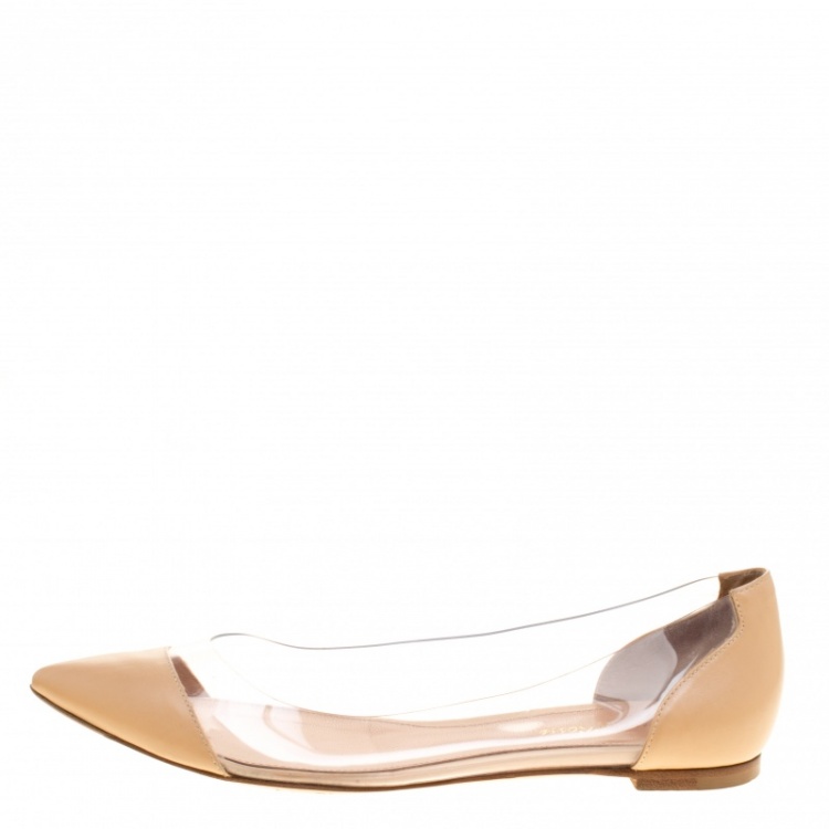 Pre Owned Gianvito Rossi Beige Leather and PVC Plexi Ballet Flats Size 38