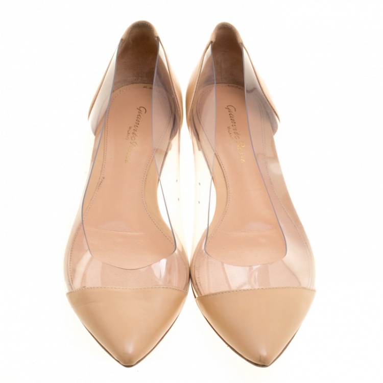 Pre Owned Gianvito Rossi Beige Leather and PVC Plexi Ballet Flats Size 38