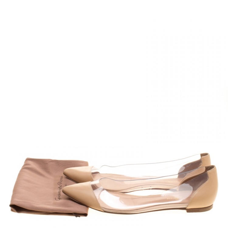 Pre Owned Gianvito Rossi Beige Leather and PVC Plexi Ballet Flats Size 38