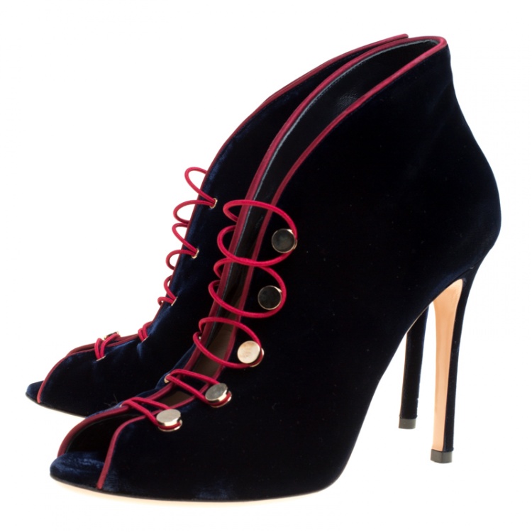 Pre Owned Gianvito Rossi Blue Velvet Miral Open Toe Booties Size 39