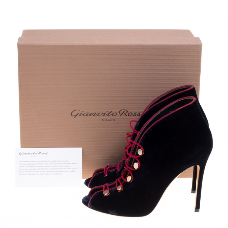 Pre Owned Gianvito Rossi Blue Velvet Miral Open Toe Booties Size 39