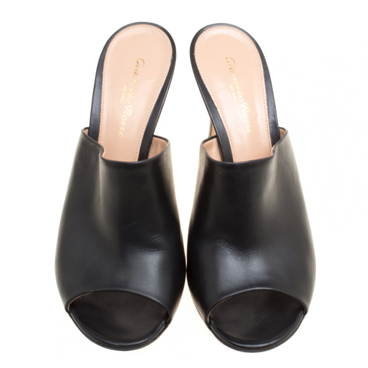 Pre Owned Gianvito Rossi Black Leather Peep Toe Mules Size 38