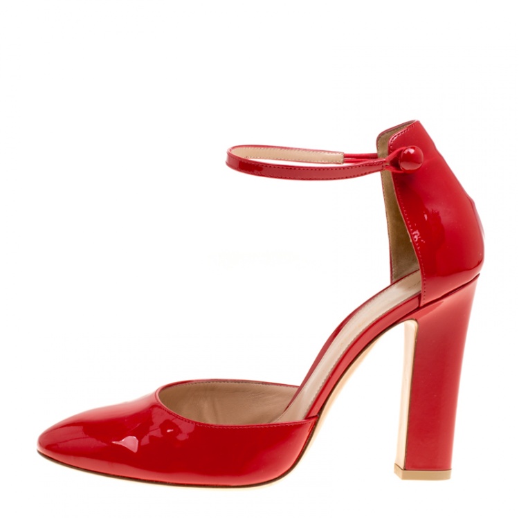Pre Owned Gianvito Rossi Tabasco Red Patent Leather Ankle Strap D'orsay Pumps Size 39.5