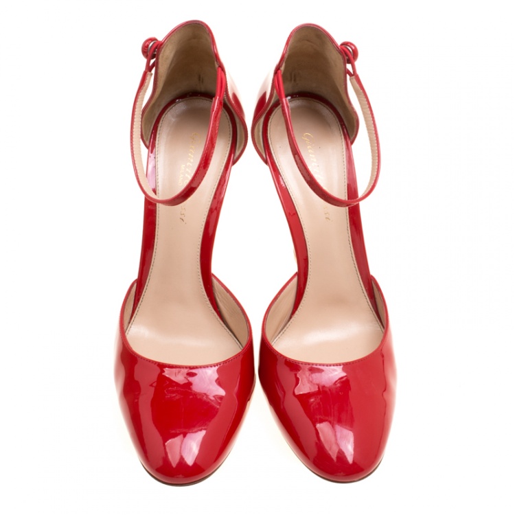 Pre Owned Gianvito Rossi Tabasco Red Patent Leather Ankle Strap D'orsay Pumps Size 39.5