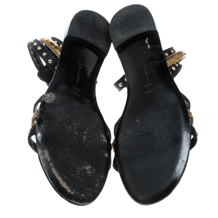 Pre Owned Gianvito Rossi Black Studded Satin And Metallic Gold Python Leather Ankle Strap Flat Open Toe Sandals Size 41