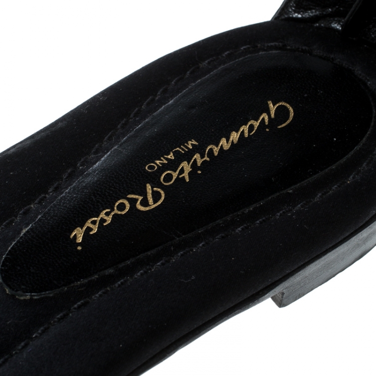 Pre Owned Gianvito Rossi Black Studded Satin And Metallic Gold Python Leather Ankle Strap Flat Open Toe Sandals Size 41