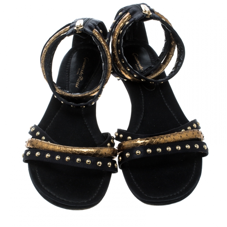 Pre Owned Gianvito Rossi Black Studded Satin And Metallic Gold Python Leather Ankle Strap Flat Open Toe Sandals Size 41