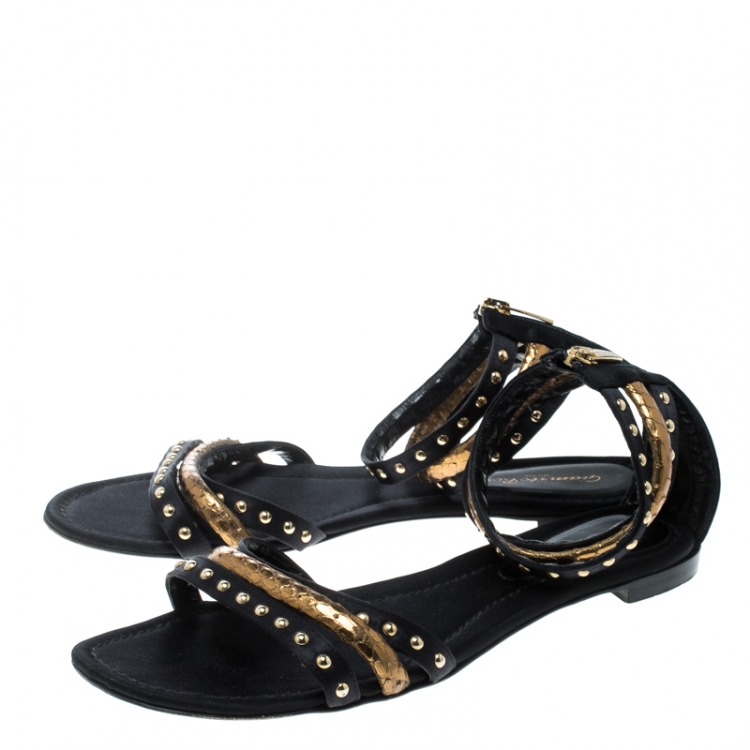 Pre Owned Gianvito Rossi Black Studded Satin And Metallic Gold Python Leather Ankle Strap Flat Open Toe Sandals Size 41