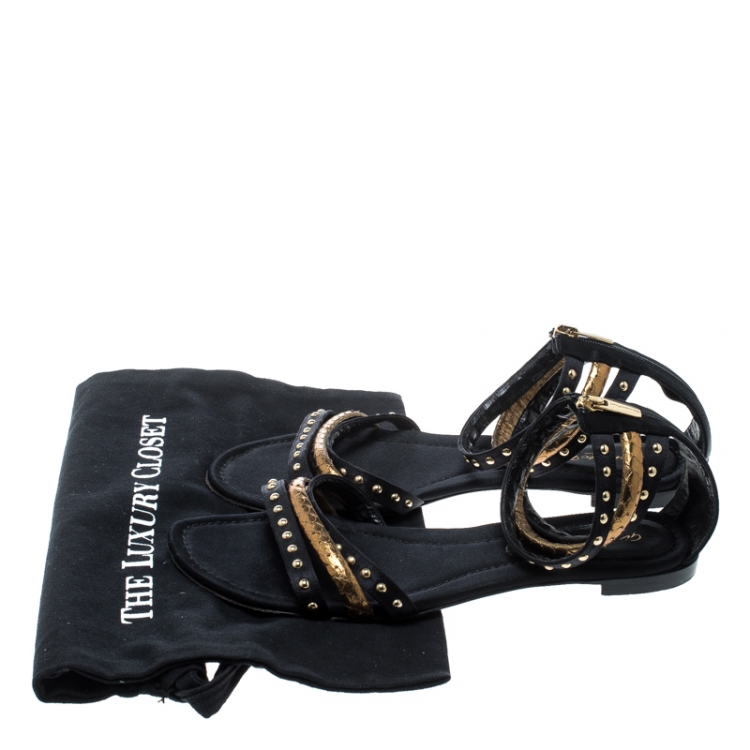 Pre Owned Gianvito Rossi Black Studded Satin And Metallic Gold Python Leather Ankle Strap Flat Open Toe Sandals Size 41
