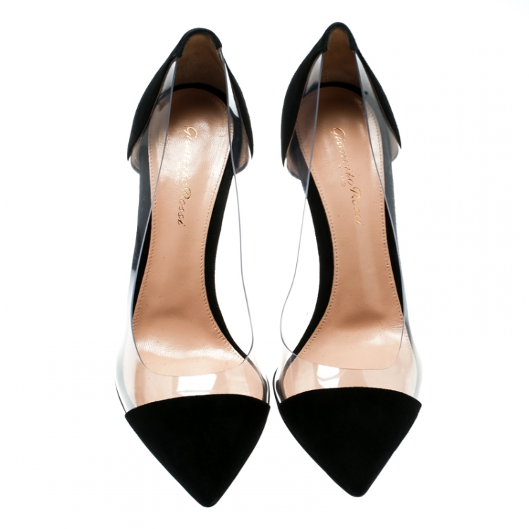 Pre Owned Gianvito Rossi Black Suede and PVC Plexi Pointed Toe Pumps Size 38.5