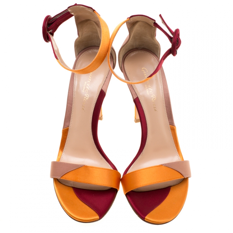 Pre Owned Gianvito Rossi Multicolor Patchwork Satin Ankle Strap Open Toe Sandals Size 37