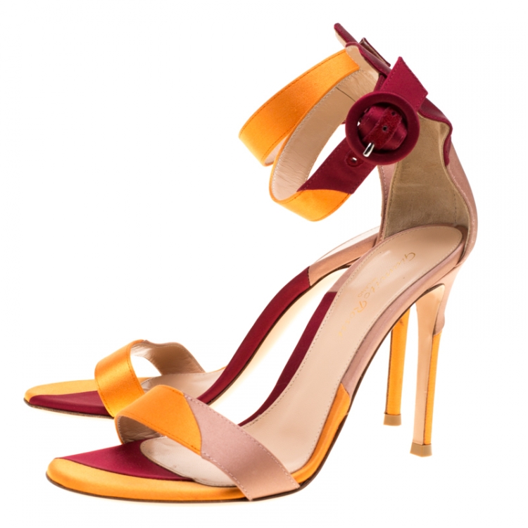 Pre Owned Gianvito Rossi Multicolor Patchwork Satin Ankle Strap Open Toe Sandals Size 37