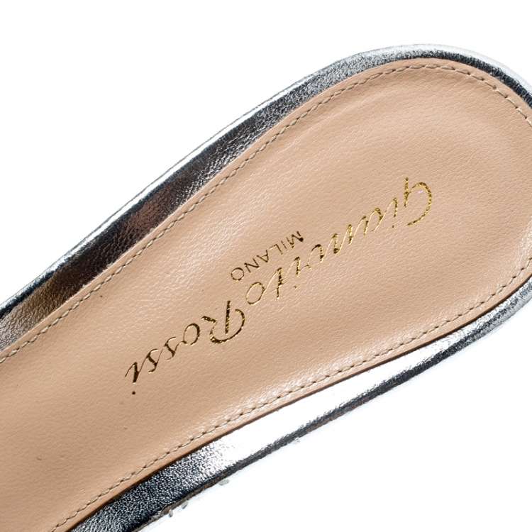 Pre Owned Gianvito Rossi PVC And Metallic Silver Leather Peep Toe Slides Size 36.5