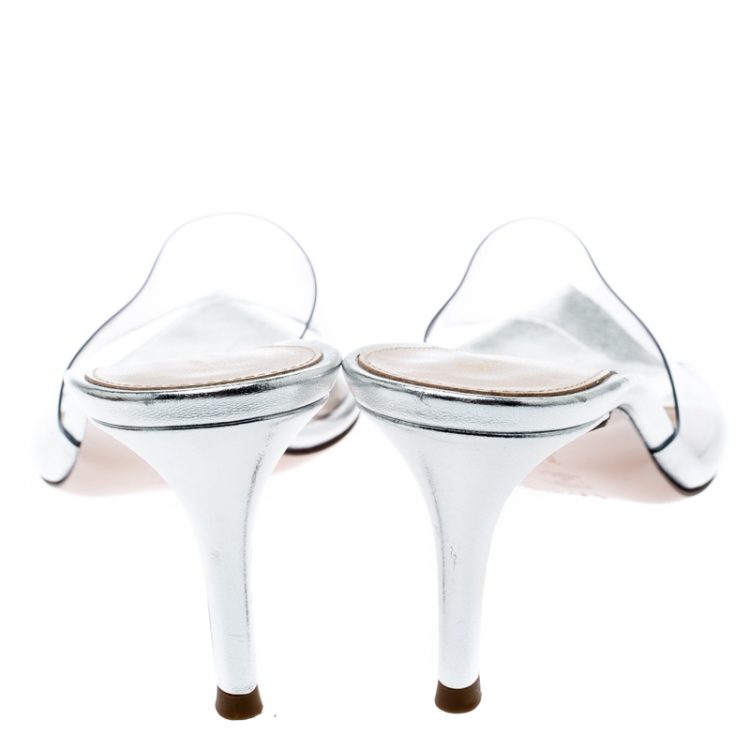 Pre Owned Gianvito Rossi PVC And Metallic Silver Leather Peep Toe Slides Size 36.5