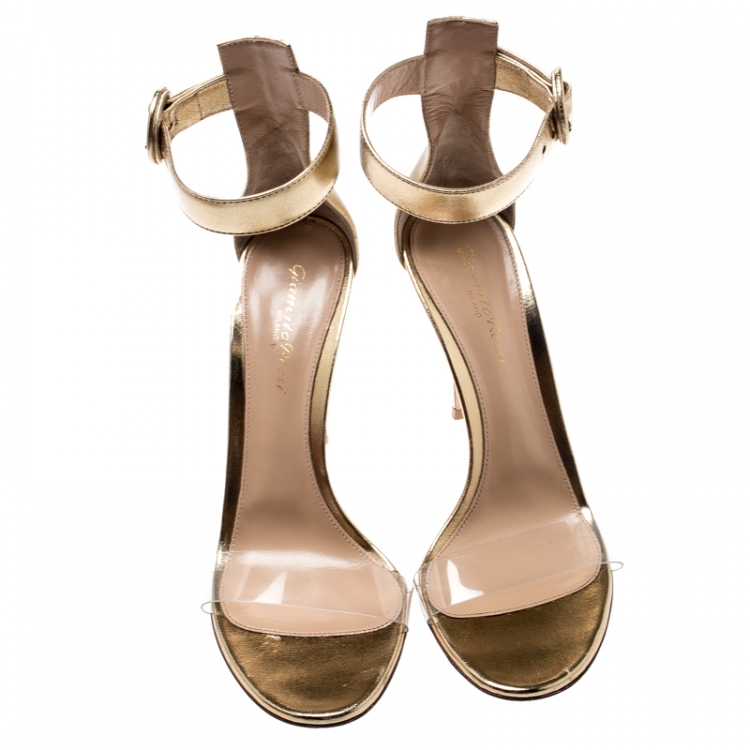 Pre Owned Gianvito Rossi Metallic Gold Leather And PVC Stella Ankle Strap Sandals Size 38