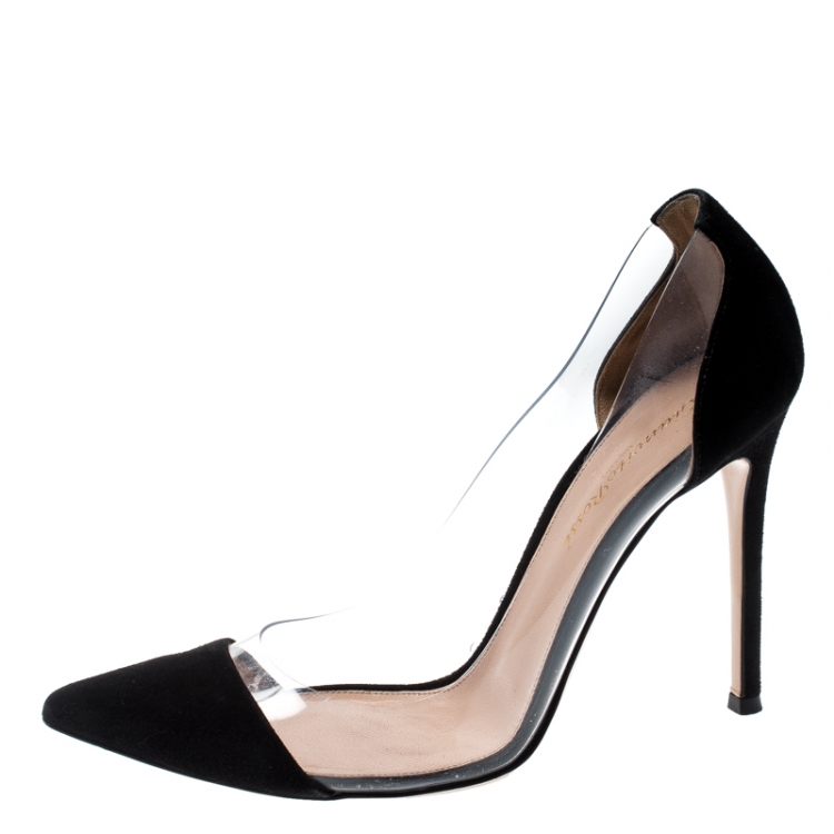 Pre Owned Gianvito Rossi Black Suede Leather And PVC Plexi Pointed Toe Pumps Size 38