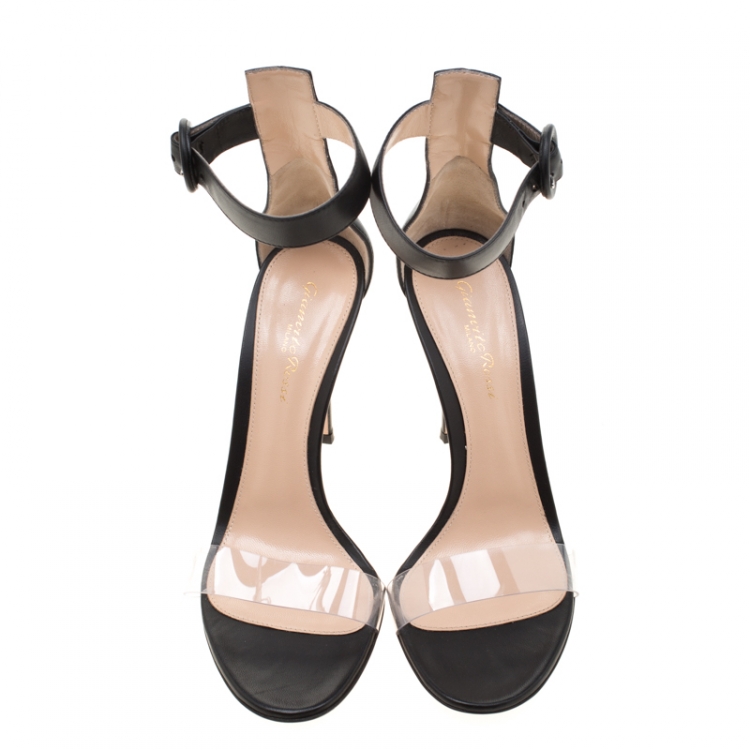 Pre Owned Gianvito Rossi Black Leather And PVC Stella Ankle Strap Open Toe Sandals Size 38
