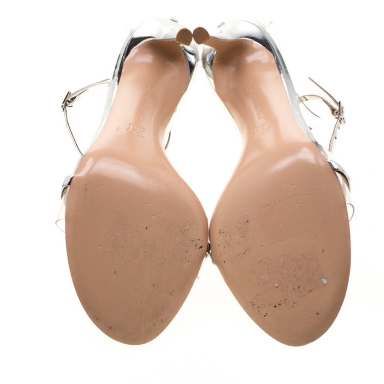 Pre Owned Gianvito Rossi Metallic Silver Leather And PVC Natalie Ankle Strap Sandals Size 39