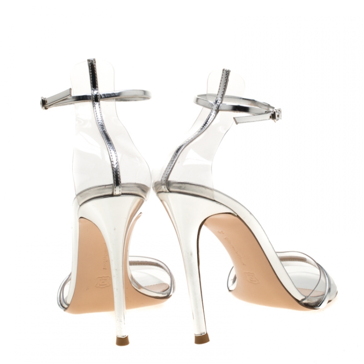 Pre Owned Gianvito Rossi Metallic Silver Leather And PVC Natalie Ankle Strap Sandals Size 39