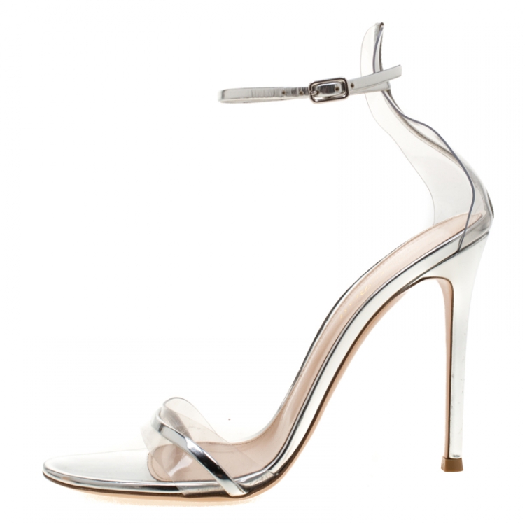 Pre Owned Gianvito Rossi Metallic Silver Leather And PVC Natalie Ankle Strap Sandals Size 39