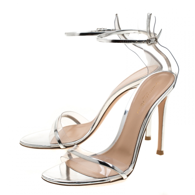 Pre Owned Gianvito Rossi Metallic Silver Leather And PVC Natalie Ankle Strap Sandals Size 39