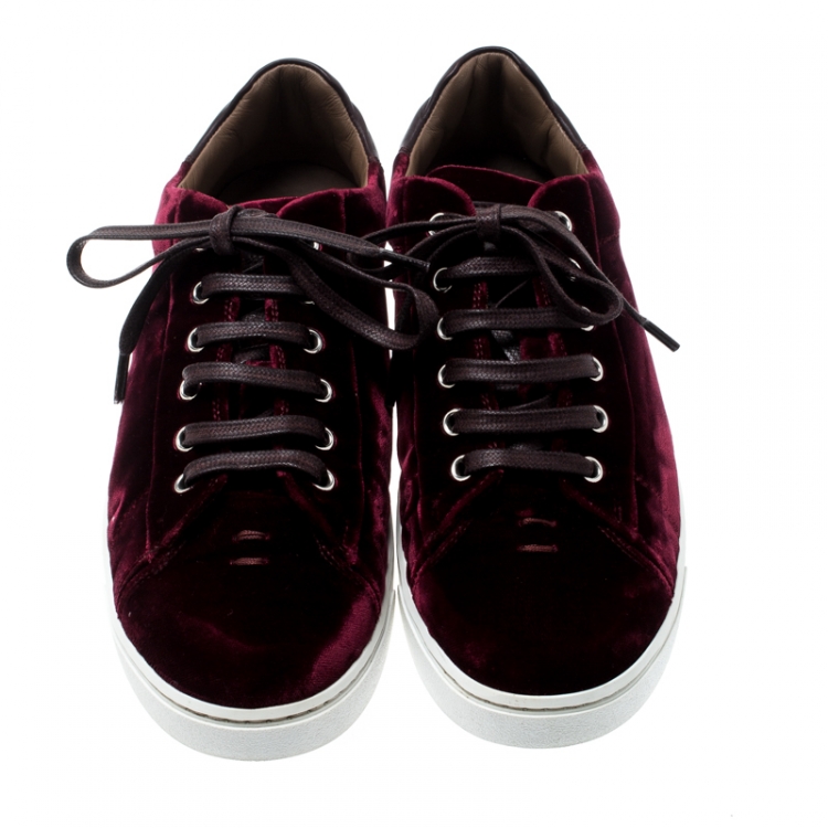 Pre Owned Gianvito Rossi Burgundy Velvet Loft Low Top Lace Up Sneakers Size 37.5