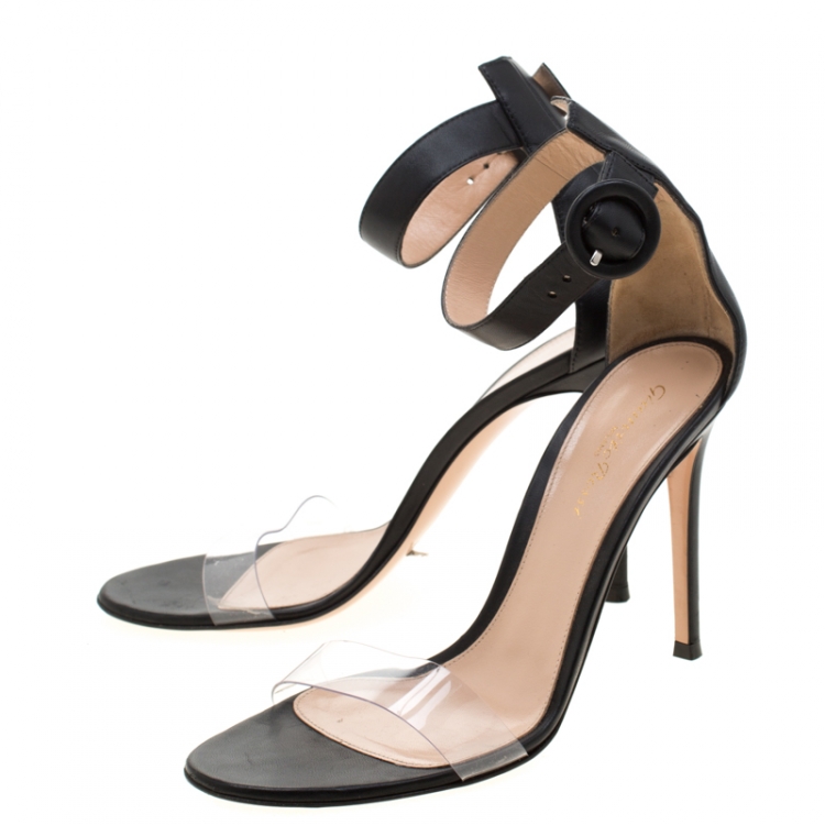 Pre Owned Gianvito Rossi Black Leather And PVC Ankle Strap Sandals 38.5