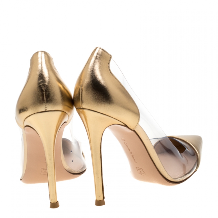 Pre Owned Gianvito Rossi Metallic Gold Leather And PVC Plexi Pumps Size 38