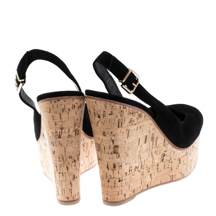 Pre Owned Gianvito Rossi Black Suede Cork Wedge Platform Sandals Size 39.5