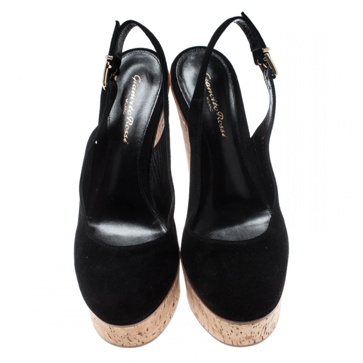 Pre Owned Gianvito Rossi Black Suede Cork Wedge Platform Sandals Size 39.5