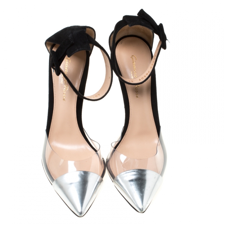 مملوكة مسبقًا Gianvito Rossi Black/Silver Leather And PVC Ankle Strap Pointed Toe Sandals Size 37