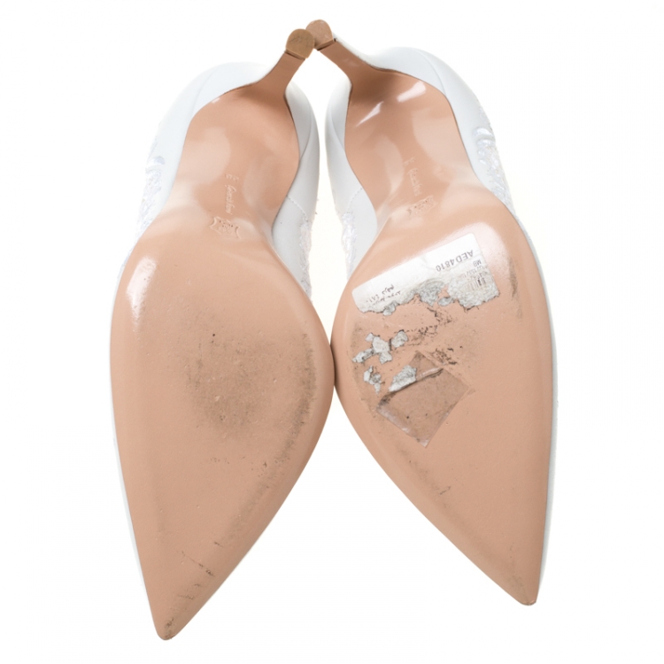 Pre Owned Gianvito Rossi White 105 Lace and Leather Pointed Toe Pumps Size 38