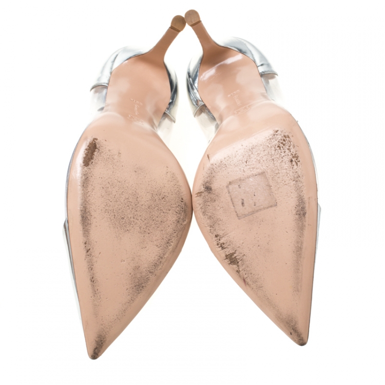 Pre Owned Gianvitto Rossi Silver Patent Leather and PVC Plexi Pointed Toe Pumps Size 39.5