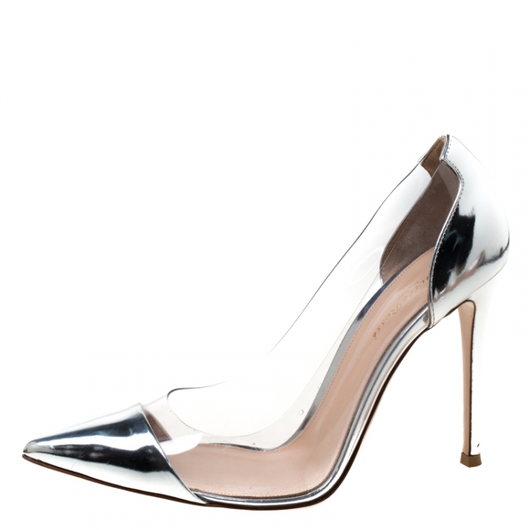 Pre Owned Gianvitto Rossi Silver Patent Leather and PVC Plexi Pointed Toe Pumps Size 39.5