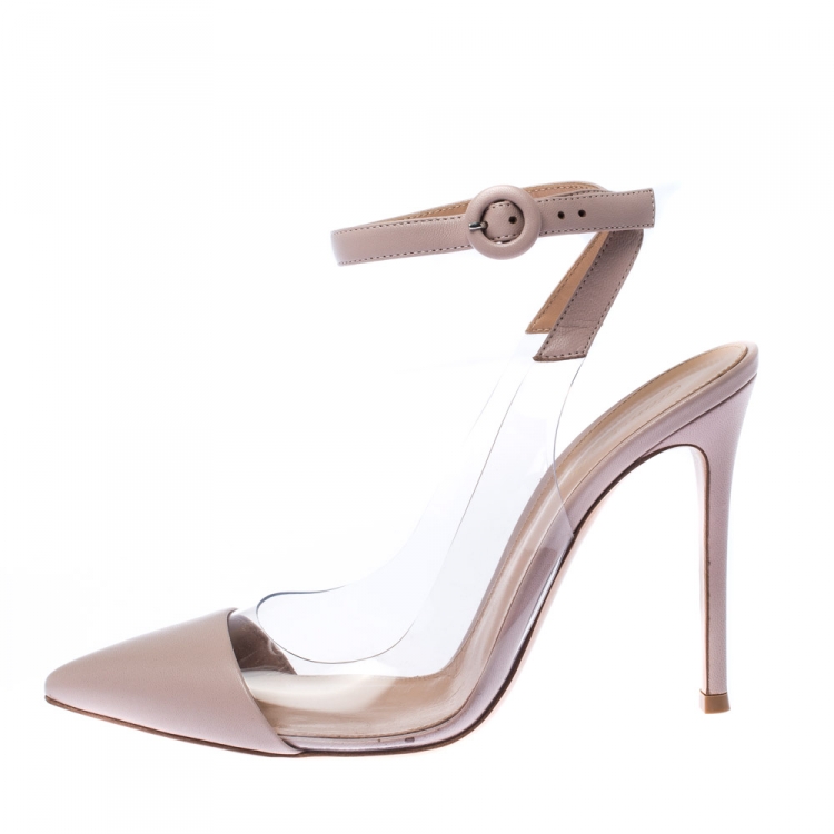 Pre Owned Gianvito Rossi Pink Leather And PVC Anise Pointed Toe Ankle Strap Sandals Size 39