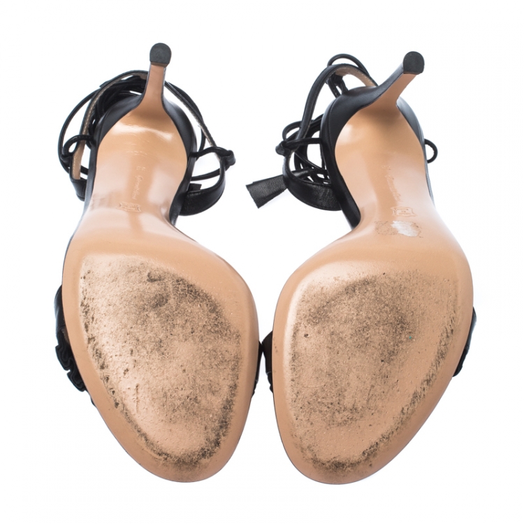 Pre Owned Gianvito Rossi Black Leather Ruffled Ankle Wrap Sandals Sandals 38