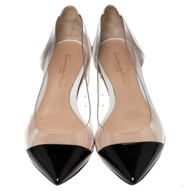 Pre Owned Gianvito Rossi Black/Off White Patent Leather and PVC Ballet Flats Size 37