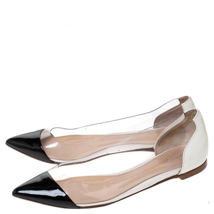 Pre Owned Gianvito Rossi Black/Off White Patent Leather and PVC Ballet Flats Size 37
