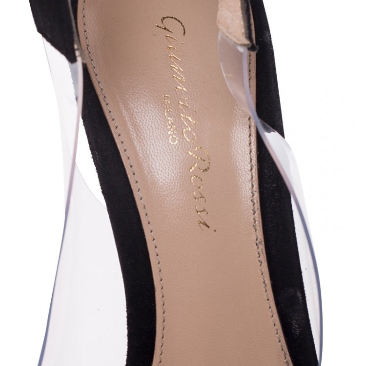 Pre Owned  Gianvito Rossi Black Suede and PVC Ankle Strap Pointed Toe Sandals Size 37.5