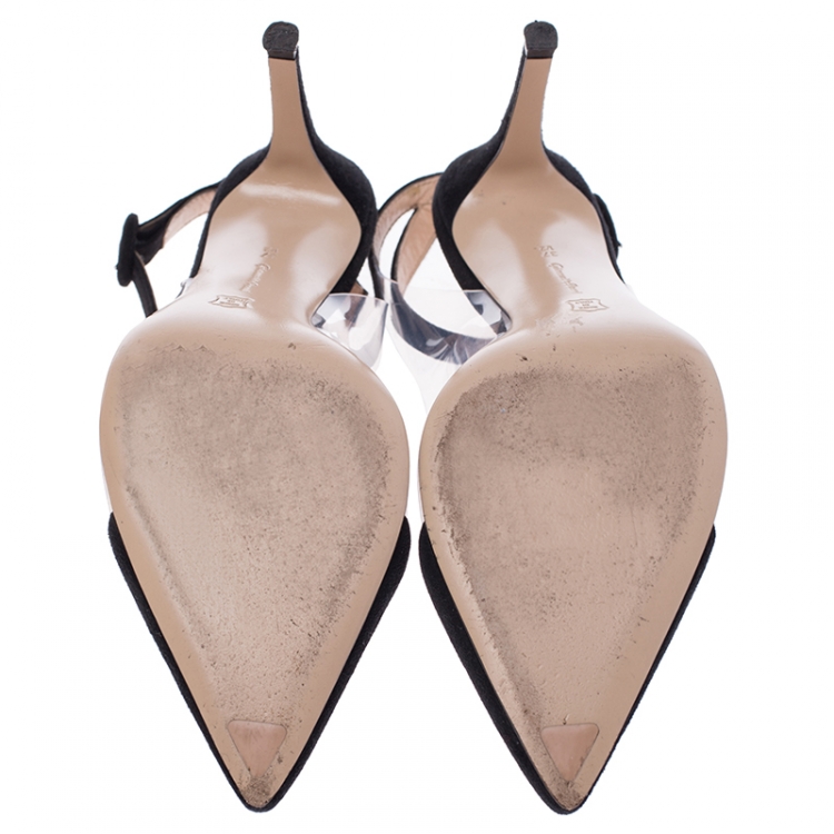 Pre Owned  Gianvito Rossi Black Suede and PVC Ankle Strap Pointed Toe Sandals Size 37.5