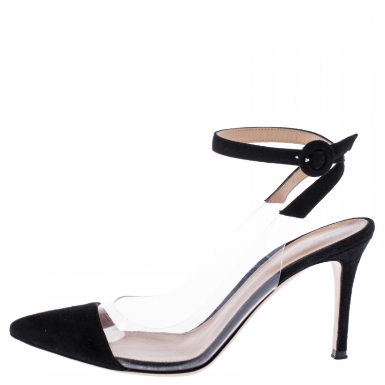 Pre Owned  Gianvito Rossi Black Suede and PVC Ankle Strap Pointed Toe Sandals Size 37.5