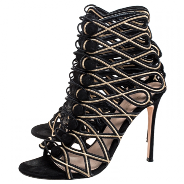 Pre Owned Gianvito Rossi Black/Gold Suede Cut Out Open Toe Button Strap Sandals Size 39