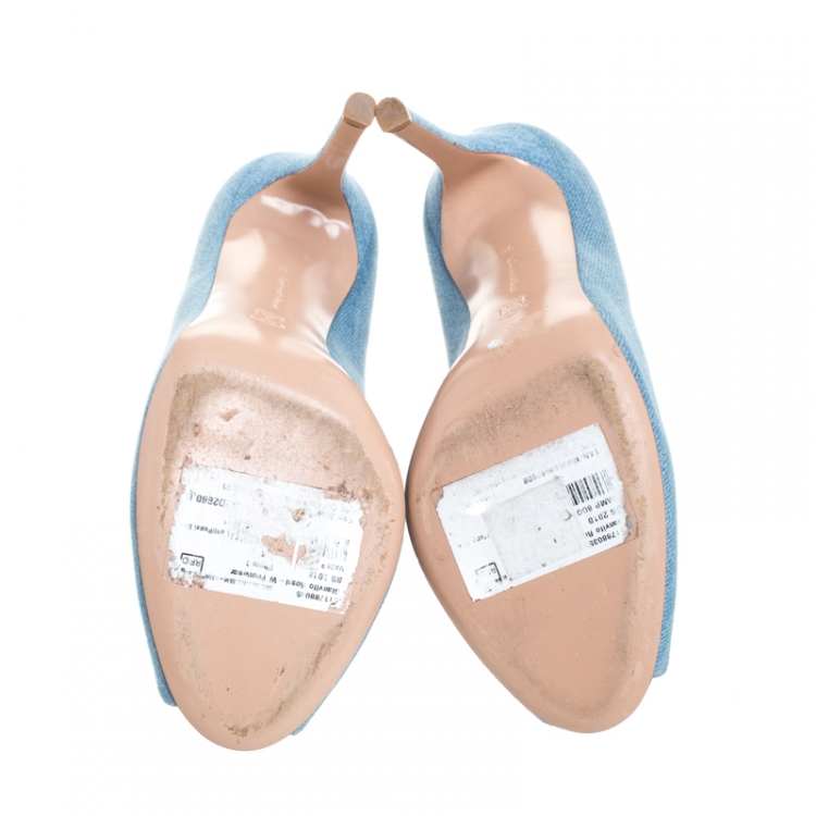 Pre Owned Gianvito Rossi Blue Denim Fabric Vamp Peep Toe Booties Size 38