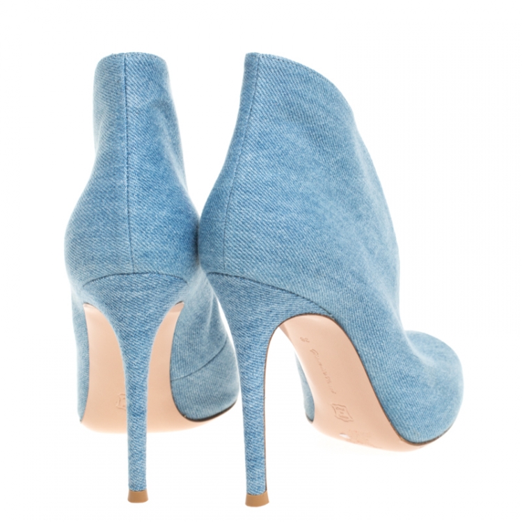 Pre Owned Gianvito Rossi Blue Denim Fabric Vamp Peep Toe Booties Size 38