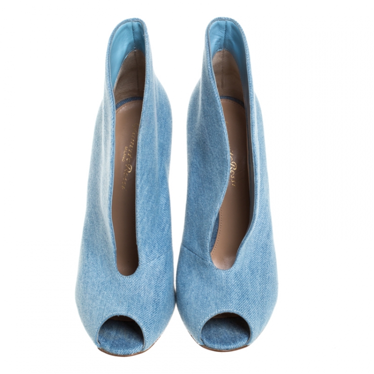 Pre Owned Gianvito Rossi Blue Denim Fabric Vamp Peep Toe Booties Size 38