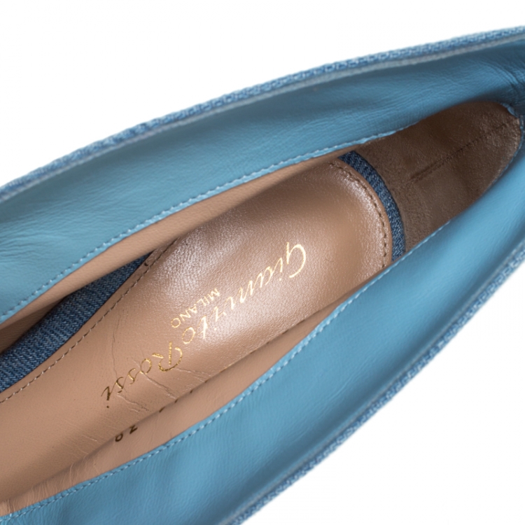 Pre Owned Gianvito Rossi Blue Denim Fabric Vamp Peep Toe Booties Size 38