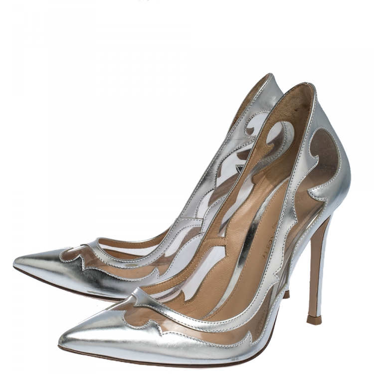 Pre Owned Gianvito Rossi Silver Leather And PVC Pointed Toe Pumps Size 36