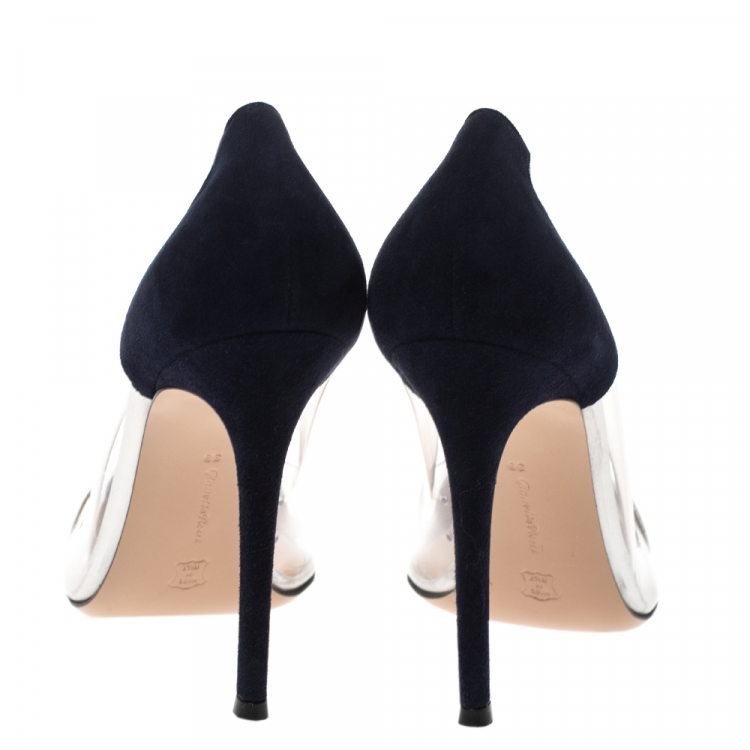 Pre Owned Gianvito Rossi Silver/Blue Leather/Suede and  PVC Plexi Pointed Toe Pump Size 39