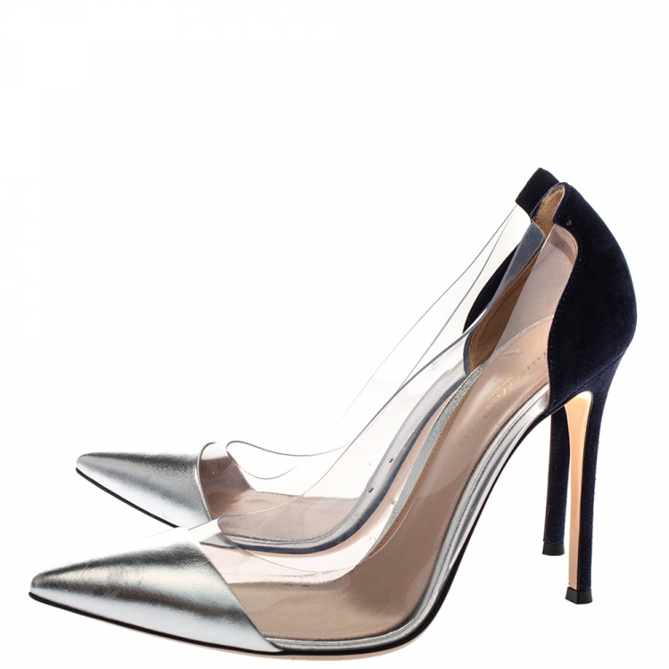 Pre Owned Gianvito Rossi Silver/Blue Leather/Suede and  PVC Plexi Pointed Toe Pump Size 39